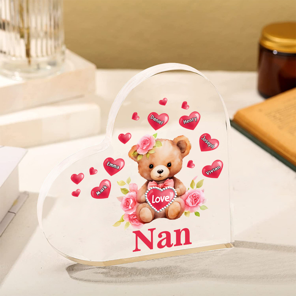 6 Names-Personalized Bear Acrylic Heart Keepsake Custom Text Acrylic Plaque Ornaments Gifts for Nan