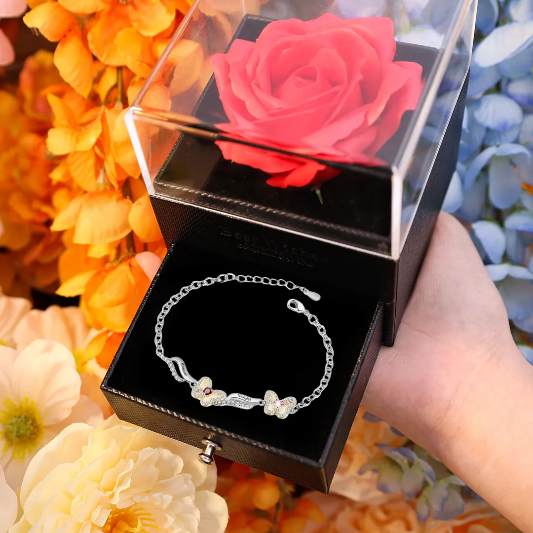 2 Names - Personalised Women's Bracelet Customized 2 Names & 2 Birthstones Butterfly Bracelet for Nan/Mum