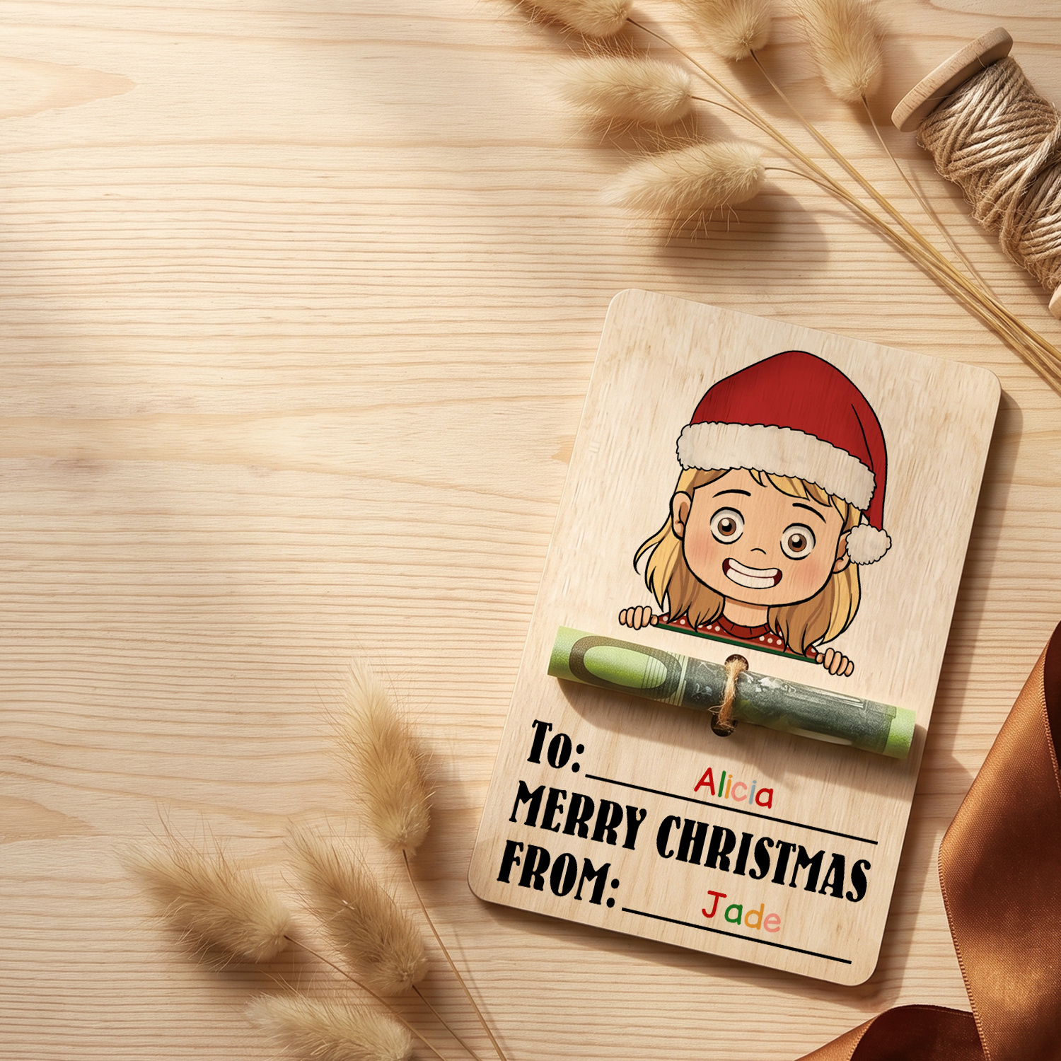 Personalized Wooden Christmas Money Holder with 2 Names Cash Gift Card for Child