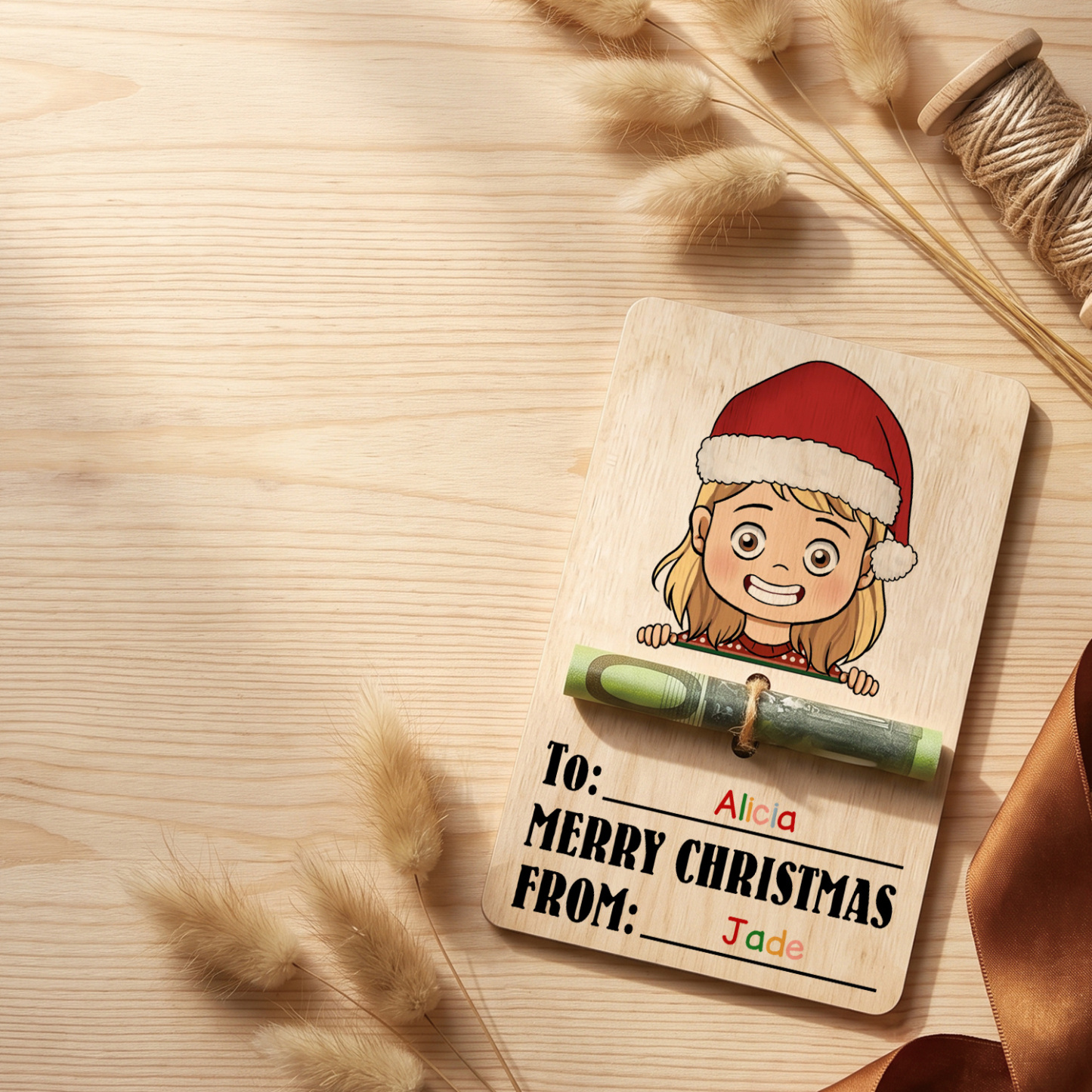 Personalized Wooden Christmas Money Holder with 2 Names Cash Gift Card for Child