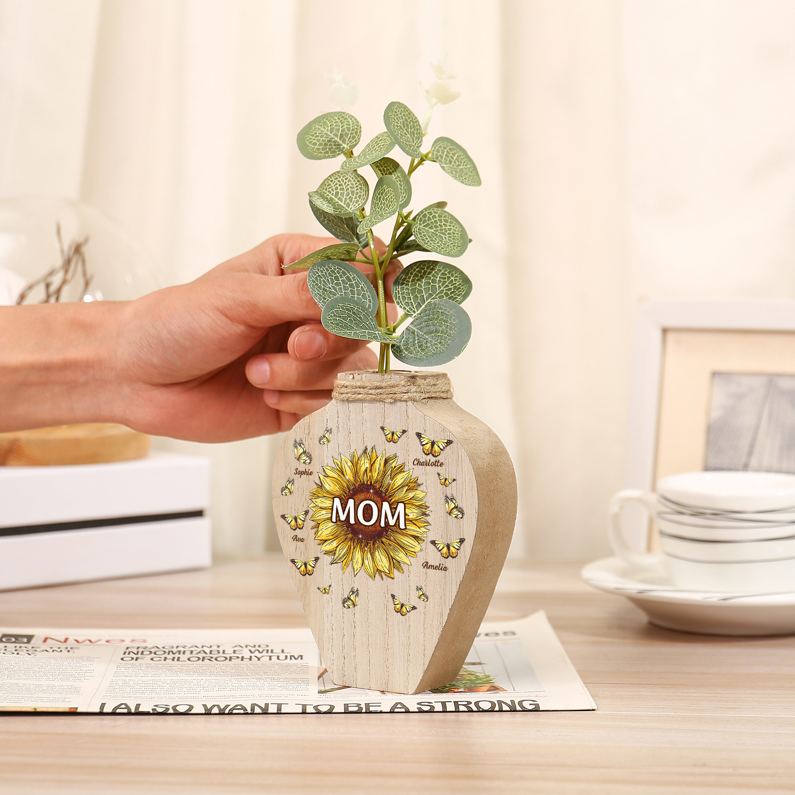 4 Names - Personalized Custom Text and Name Butterfly Style Wooden Decorative Vase as a Gift for Mom