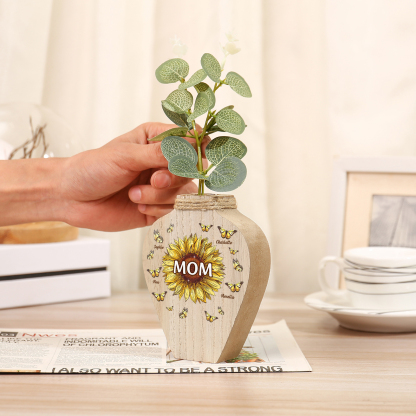 4 Names - Personalized Custom Text and Name Butterfly Style Wooden Decorative Vase as a Gift for Mom
