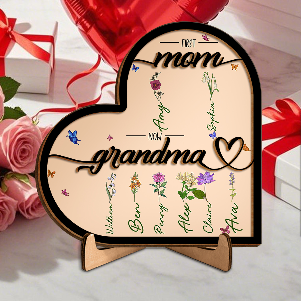 To My Mom - PersonalizedWooden Heart Keepsake Desktop Ornament "FIRST MOM NOW GRANDMA" Mothers Gifts
