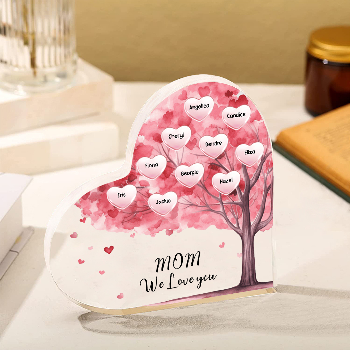 Personalized Heart Shaped Acrylic Plaque Family Tree Gift for Mom - with 1-10 names