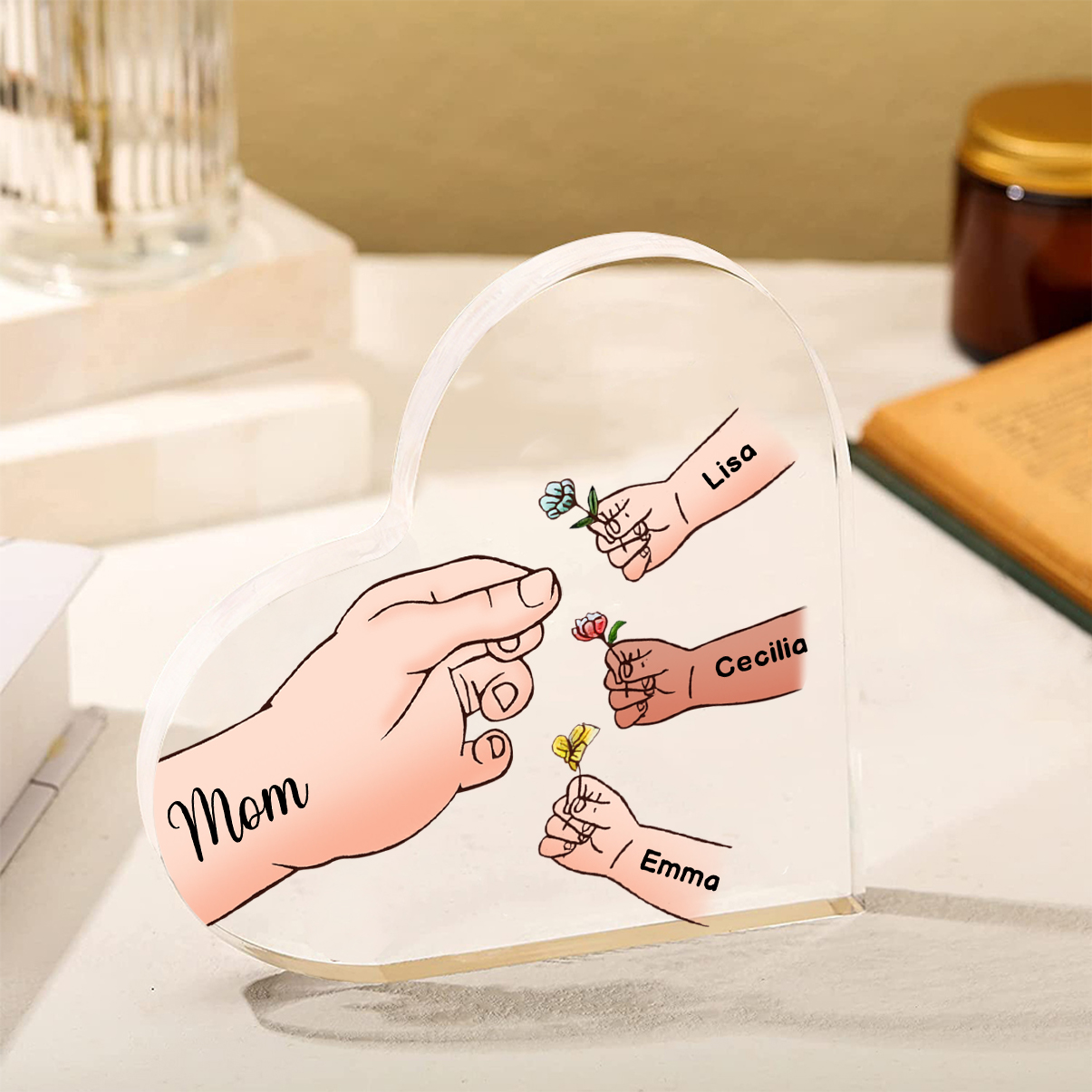 Personalized Heart Shaped Acrylic Plaque Family Tree  - with 1-7 names & flowers - Gift for Mom