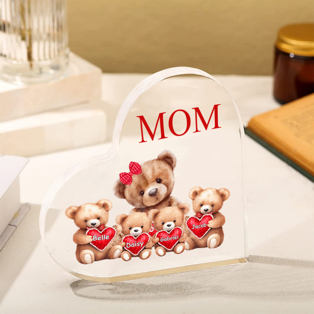 Personalized Heart Shaped Acrylic Plaque - Bears - with 1-7 names & flowers - Gift for Mom