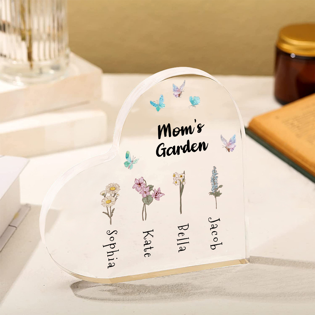 Personalized Heart Shaped Acrylic Plaque - with 1-10 names & birthflowers - Gift for Mom