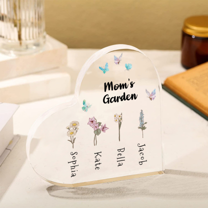 Personalized Heart Shaped Acrylic Plaque - with 1-10 names & birthflowers - Gift for Mom