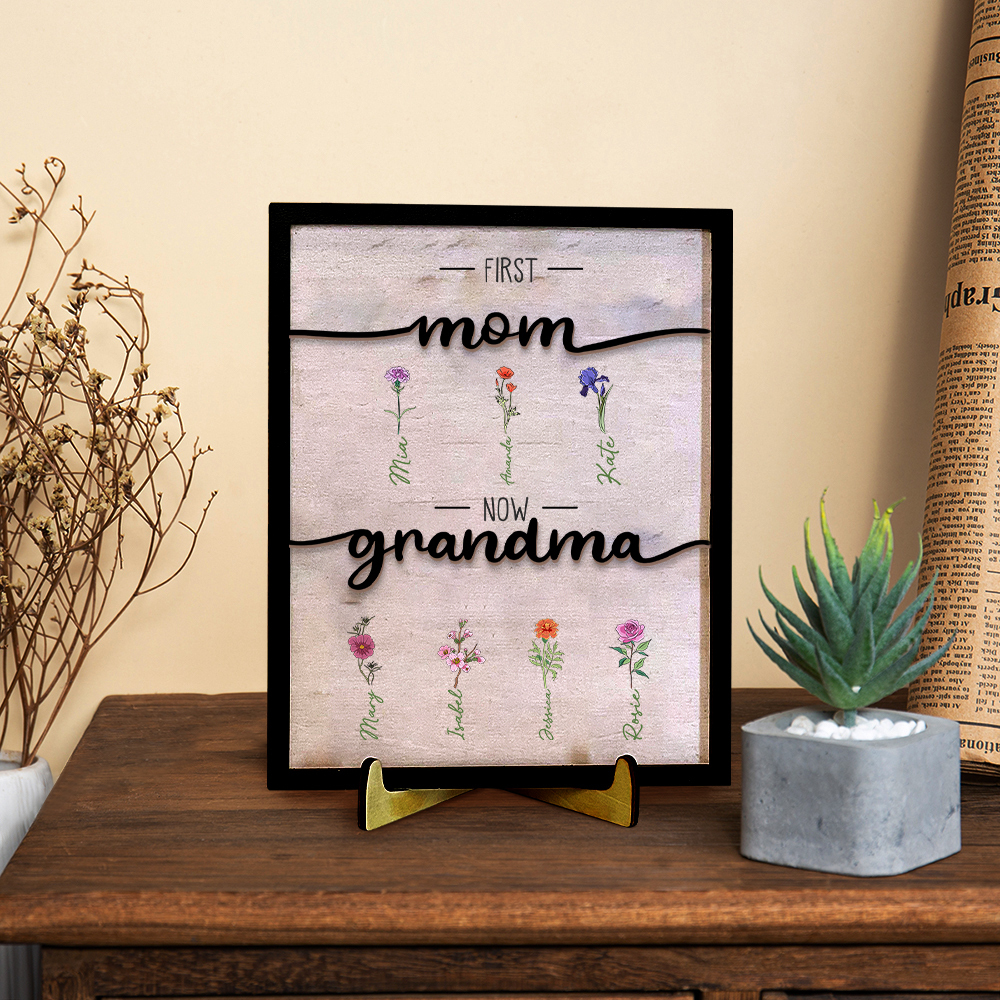 Personalized Love Connection Style Home Frame Wooden Decoration - with 1-10 Names & birthflowers- for Mother's Day