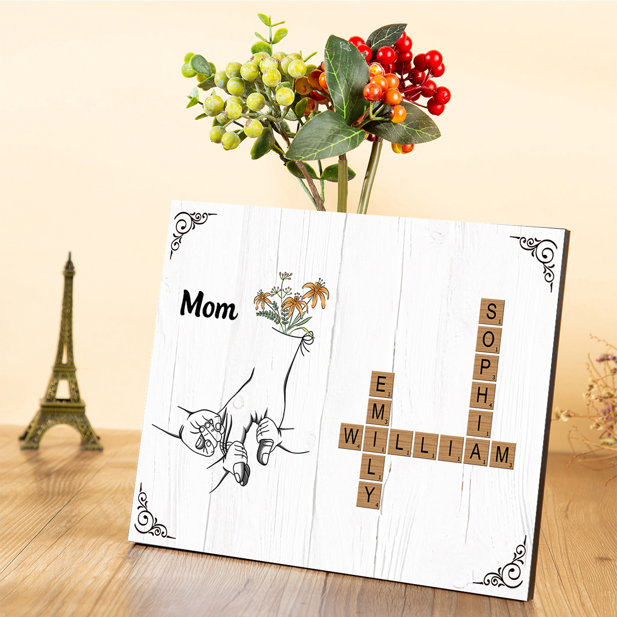 Personalized Gift for Mom - Custom Wooden Name Plaque – Scrabble Style with Hands for Mother's day