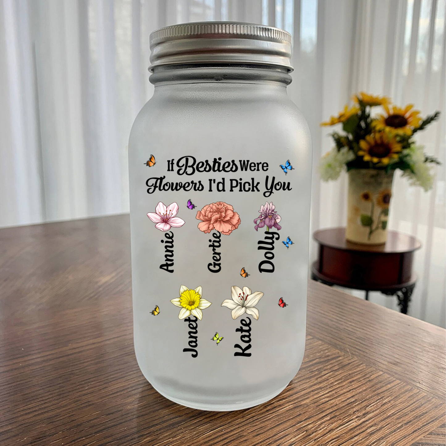 Personalised Mason Jar Light with Custom Birth Flowers & Names – Christmas Gift for Best Friends | Jessmade