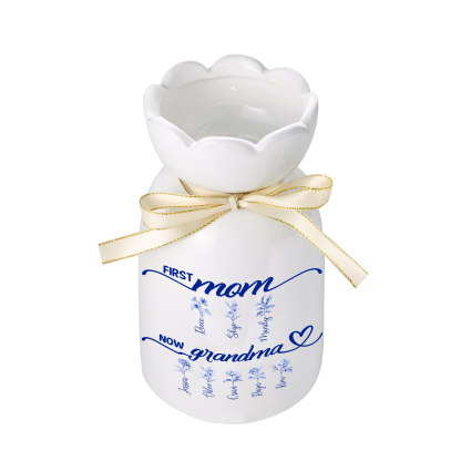 Ceramic Vase with a gold ribbon and blue floral patterns, for Mom and Grandma