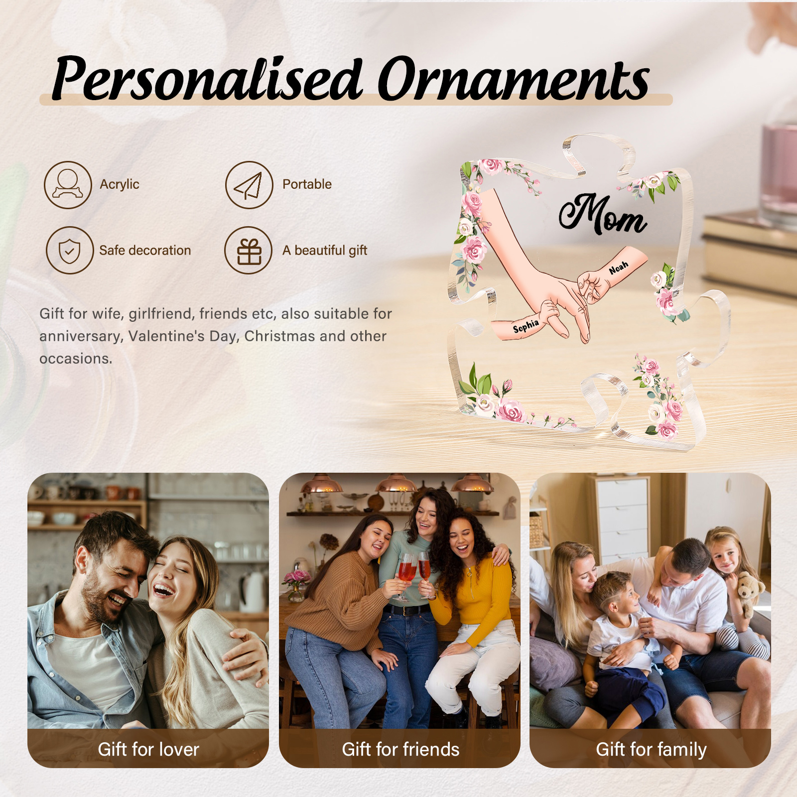 2 Name - Personalized Acrylic Heart Keepsake Customized Name Holding Hands Acrylic Plaque Ornament Mother's Day Gift for Mom