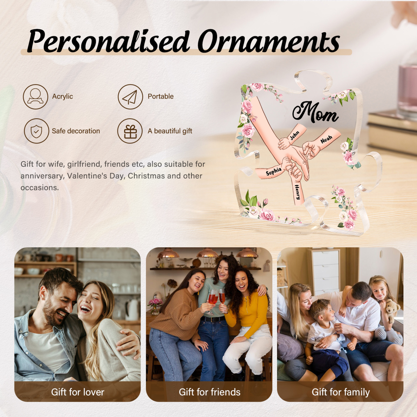 4 Name - Personalized Acrylic Heart Keepsake Customized Name Holding Hands Acrylic Plaque Ornament Mother's Day Gift for Mom