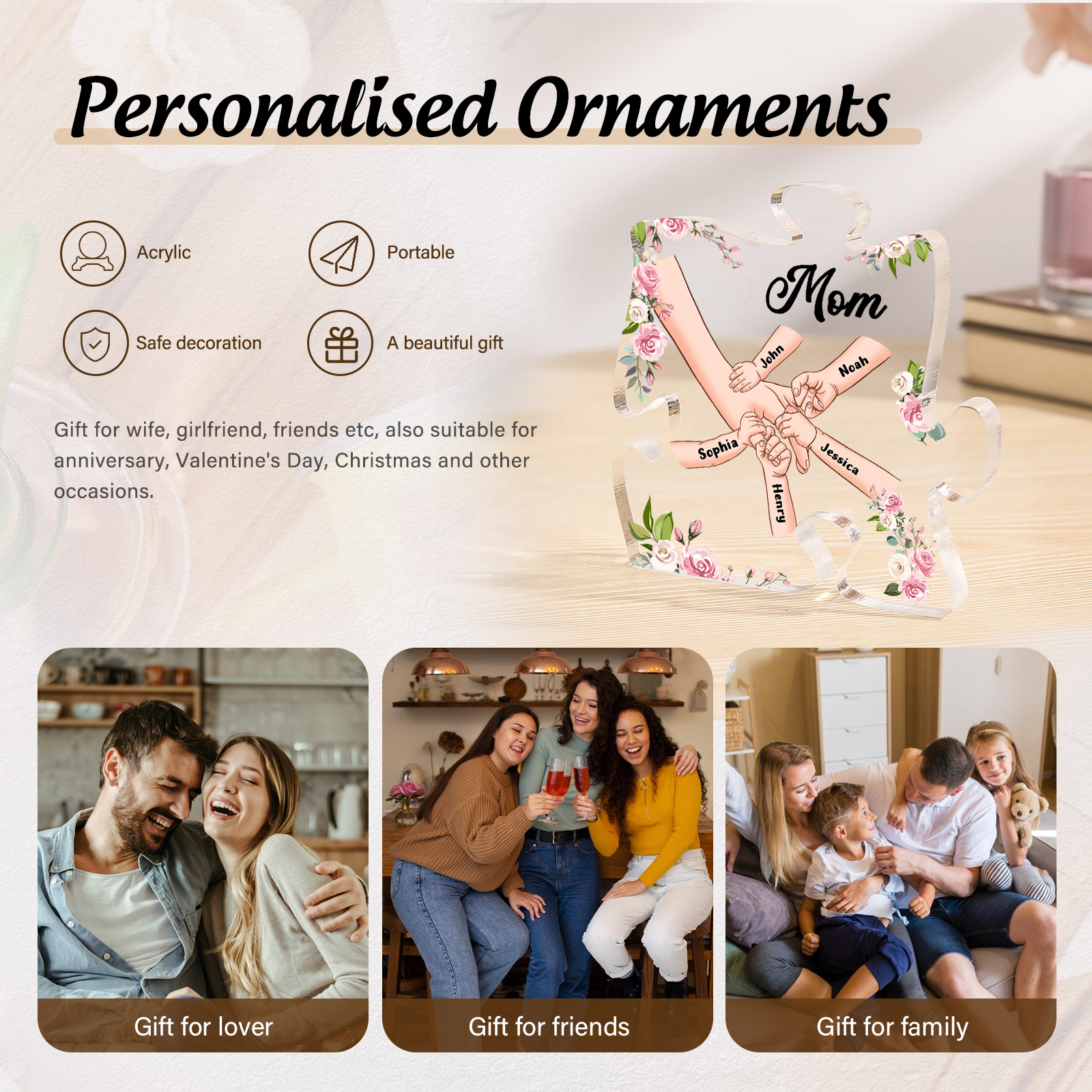 5 Name - Personalized Acrylic Heart Keepsake Customized Name Holding Hands Acrylic Plaque Ornament Mother's Day Gift for Mom