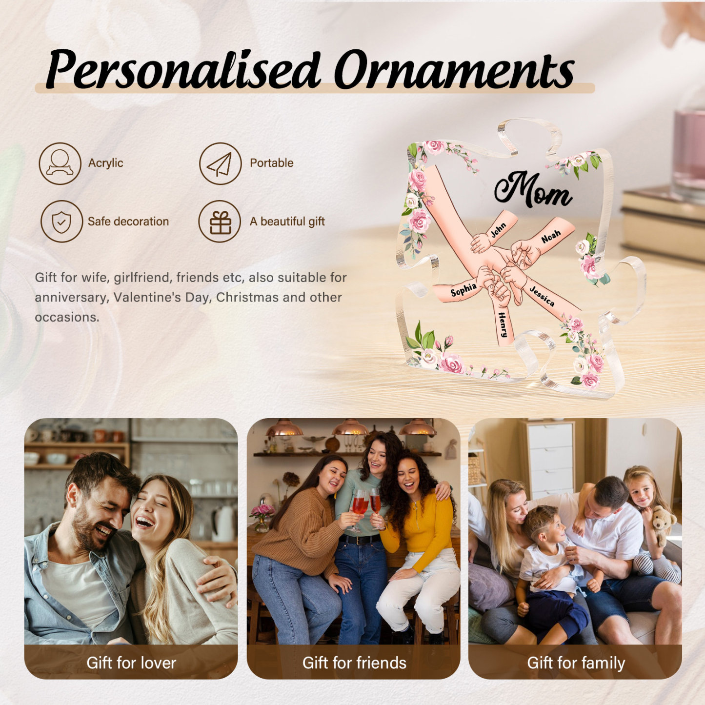 5 Name - Personalized Acrylic Heart Keepsake Customized Name Holding Hands Acrylic Plaque Ornament Mother's Day Gift for Mom