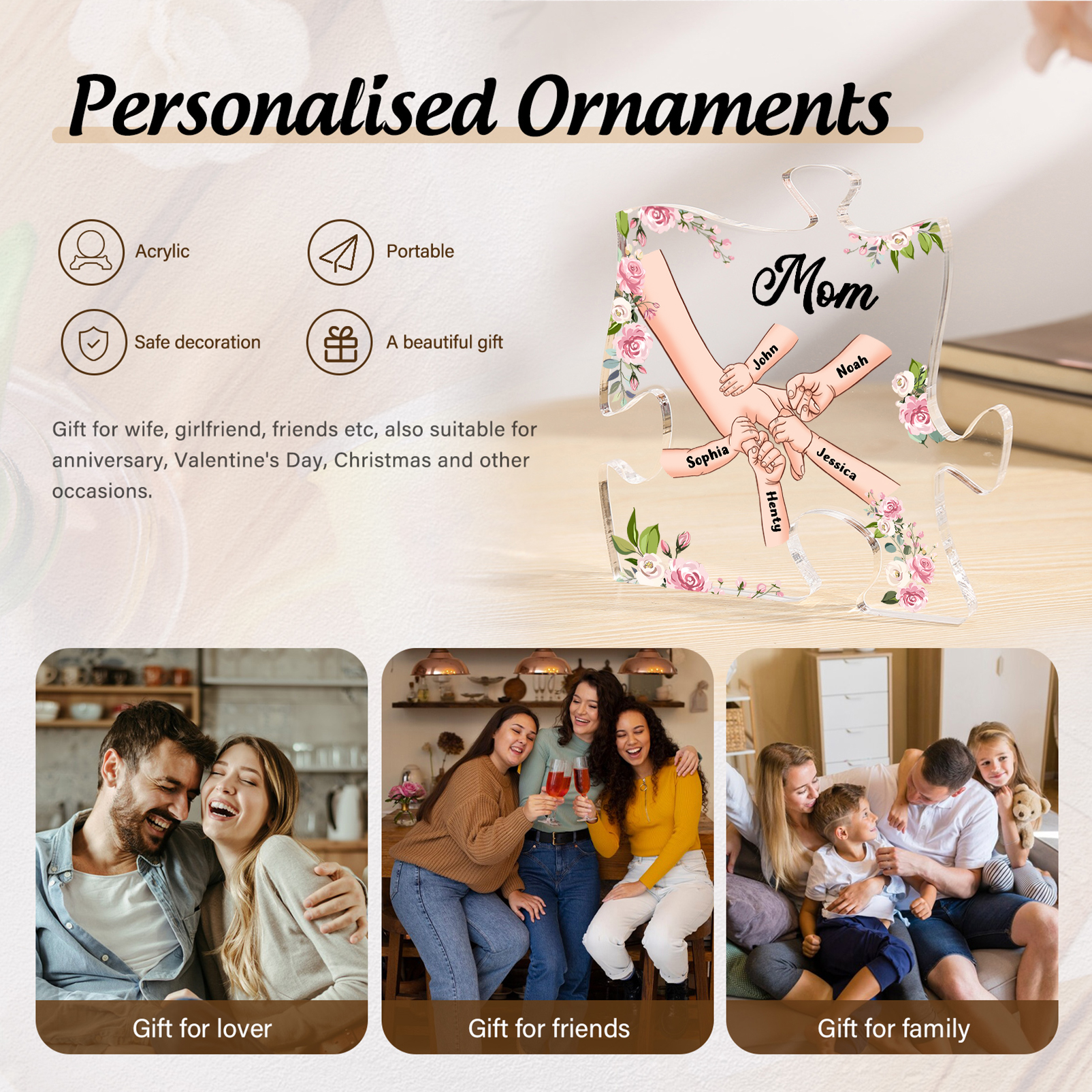 5 Name - Personalized Acrylic Heart Keepsake Customized Name Holding Hands Acrylic Plaque Ornament Mother's Day Gift for Mom