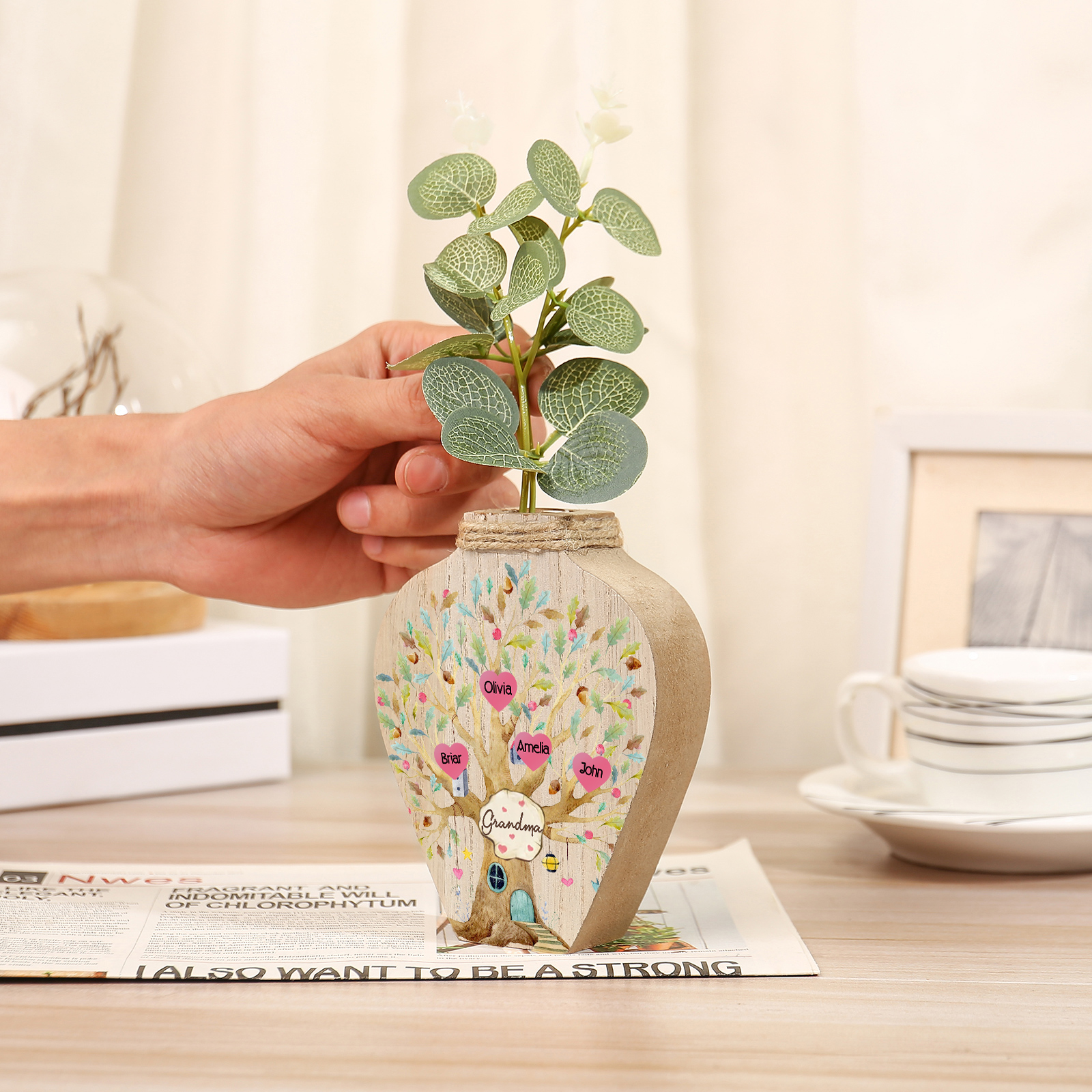 4 Names - Personalized Custom Text and Name Wooden Ornament Vase for Family