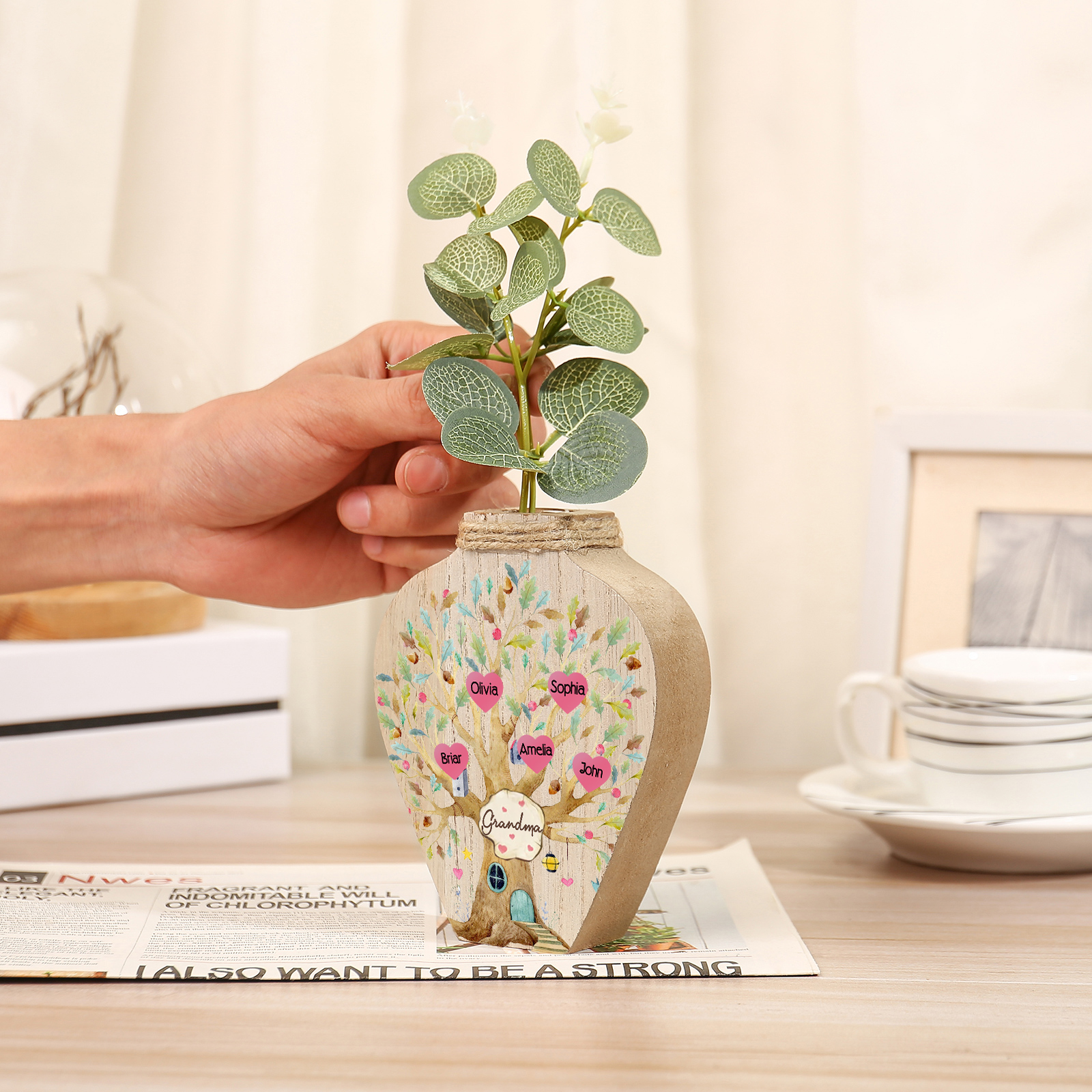 5 Names - Personalized Custom Text and Name Wooden Ornament Vase for Grandma