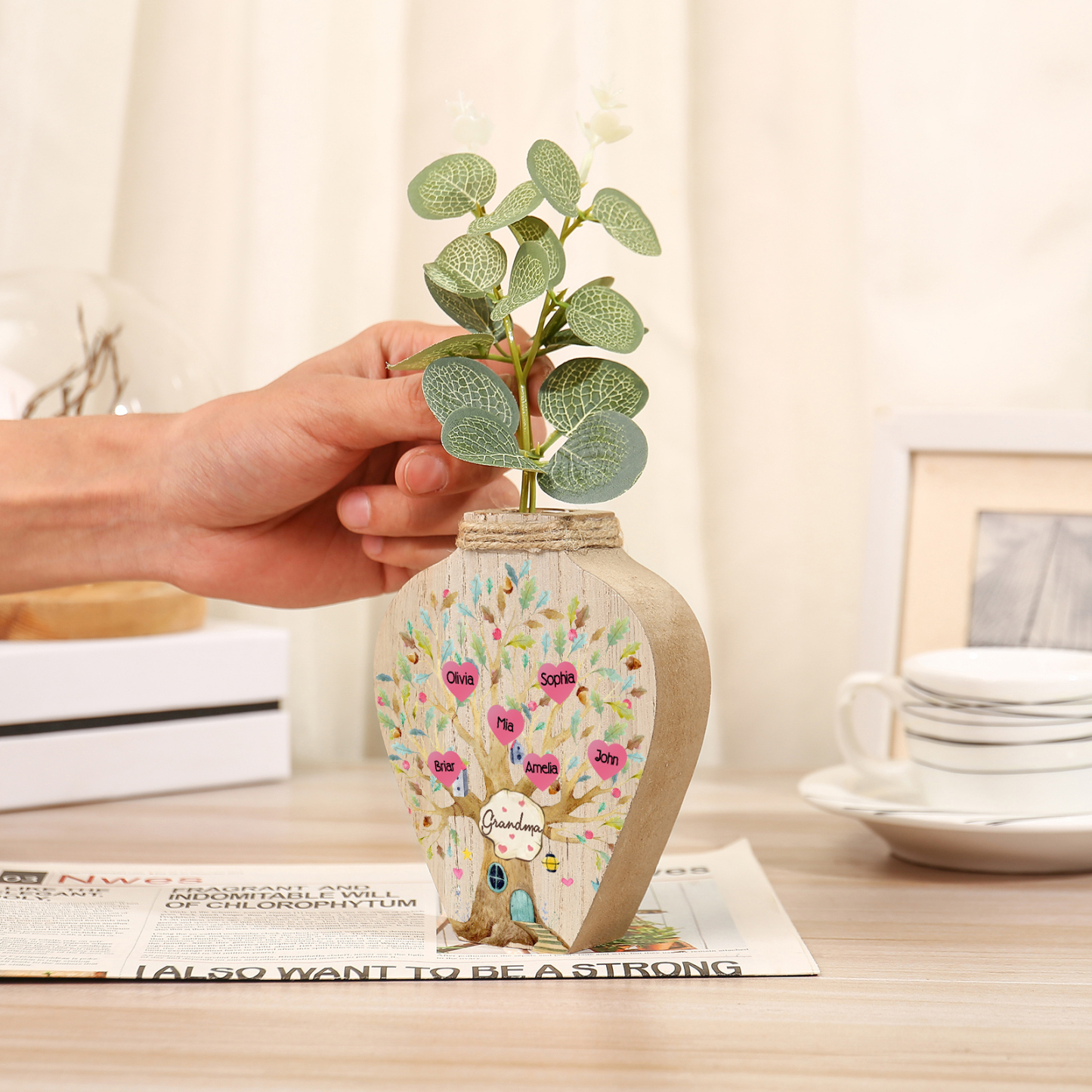 6 Names - Personalized Custom Text and Name Wooden Ornament Vase for Grandma