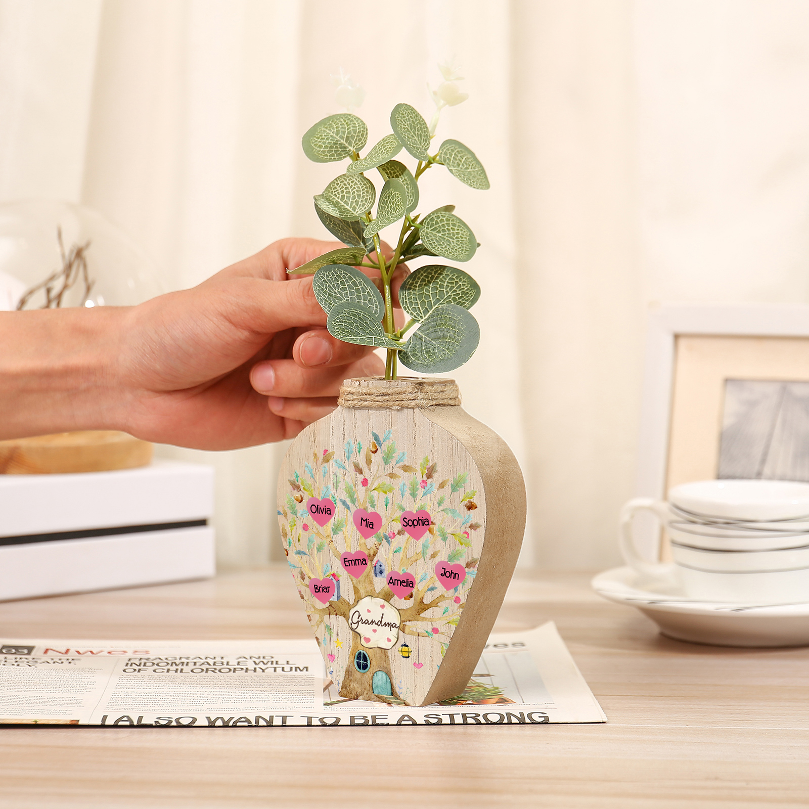 7 Names - Personalized Custom Text and Name Wooden Ornament Vase for Grandma