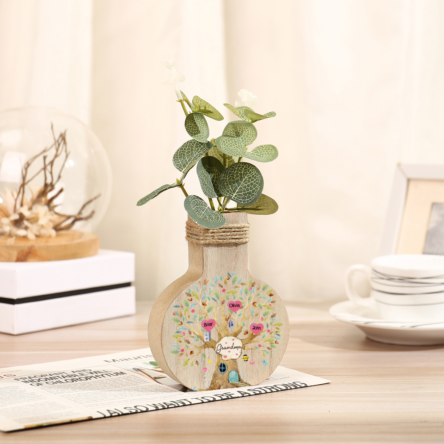 3 Names - Personalized Custom Text and Name Family Tree Wooden Decorative Vase as a Gift for Nan