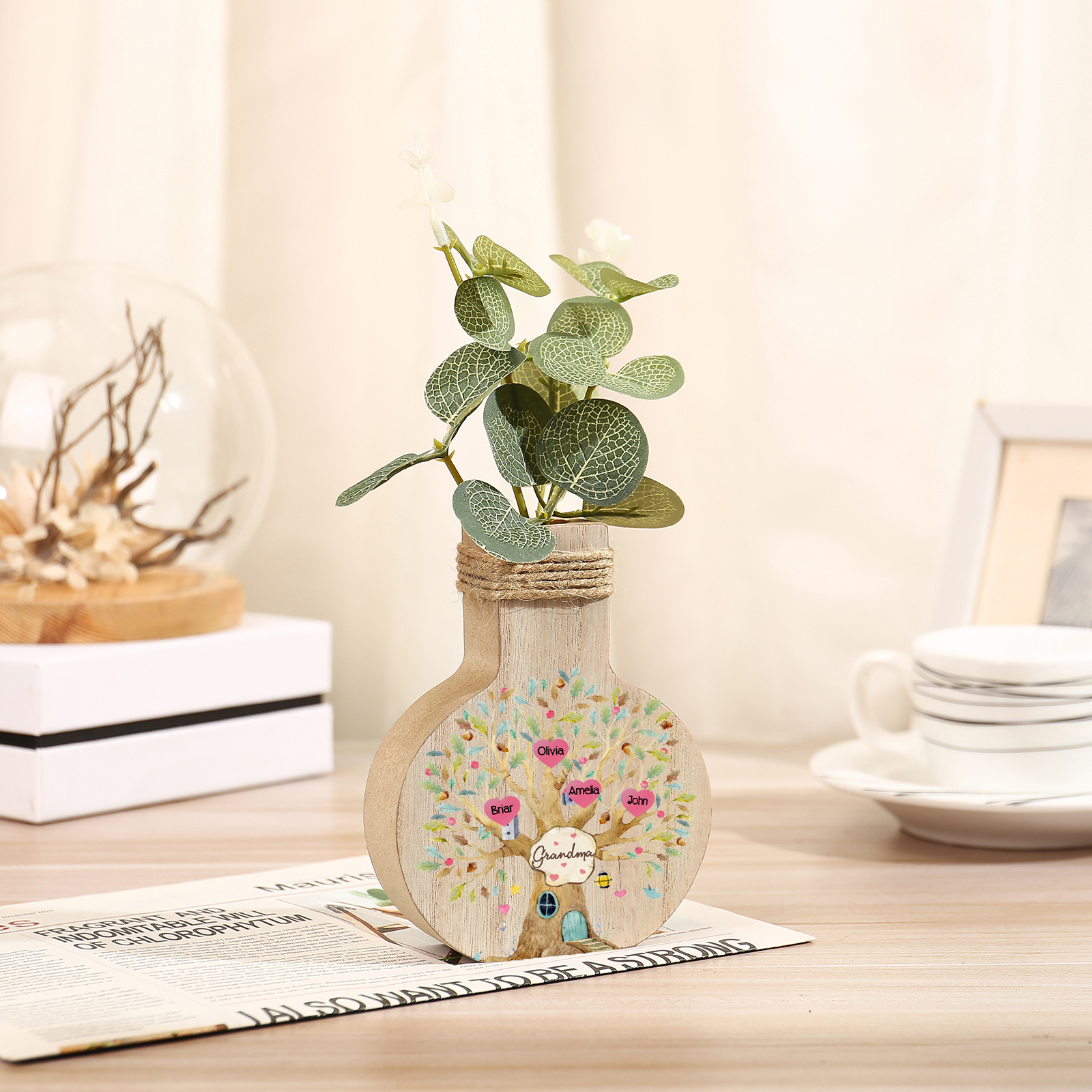 4 Names - Personalized Custom Text and Name Family Tree Wooden Decorative Vase as a Gift for Grandma
