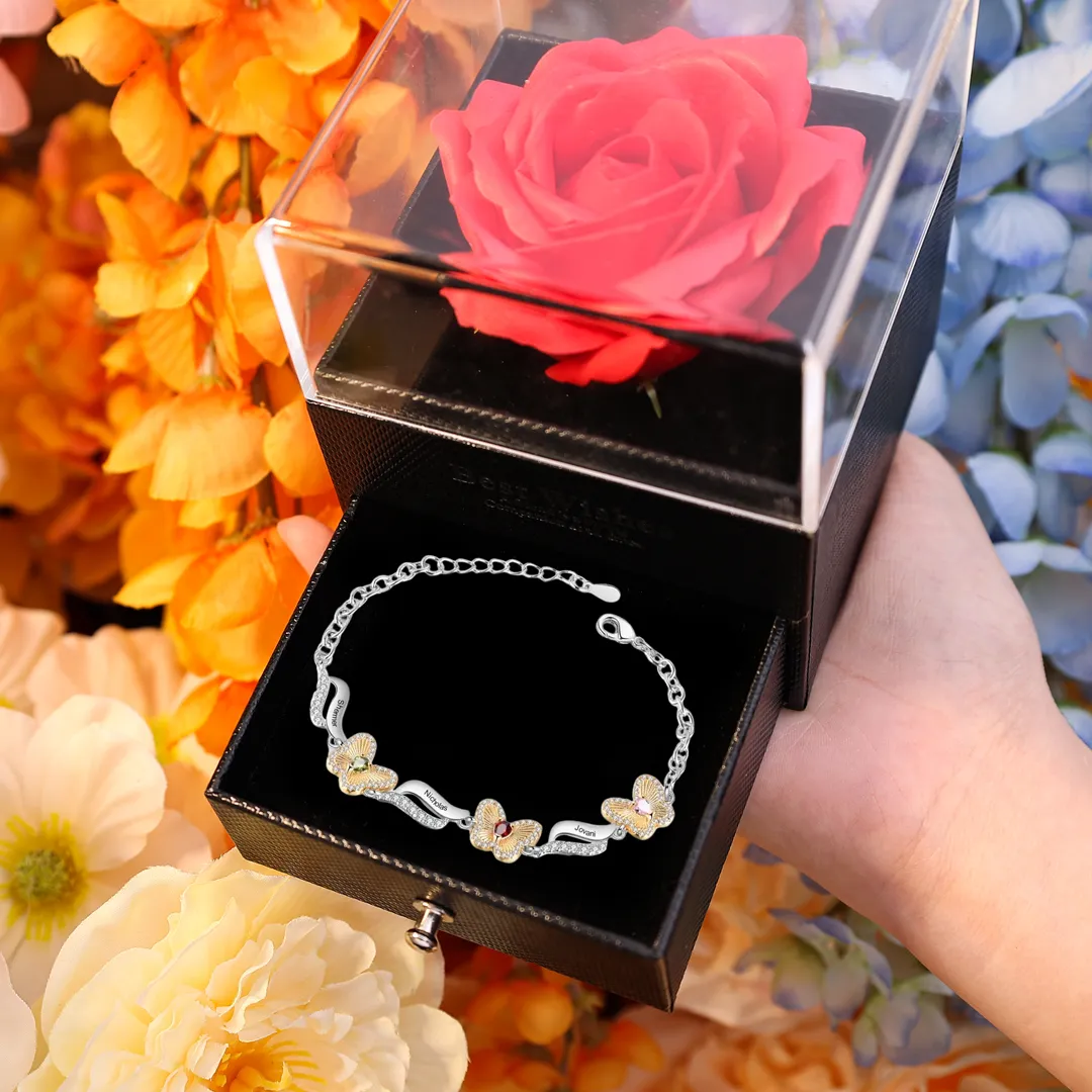 3 Names - Personalised Women's Bracelet Customized 3 Names & 3 Birthstones Butterfly Bracelet for Nan/Mum
