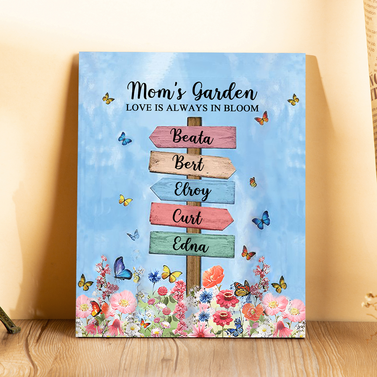 5 Names - Personalized Cute Elephant Style Home Frame Wooden Ornament with Customizable Text for Mom