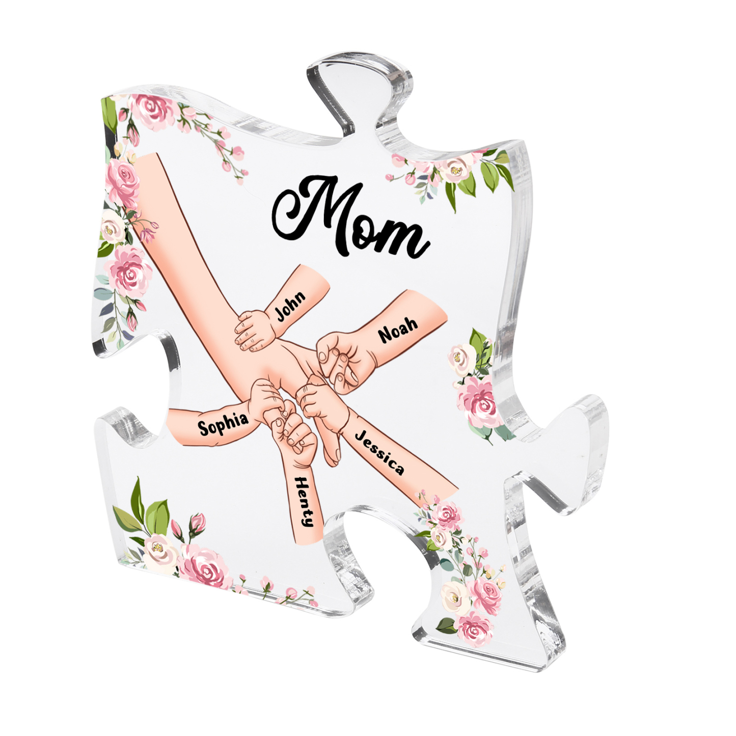 5 Name - Personalized Acrylic Heart Keepsake Customized Name Holding Hands Acrylic Plaque Ornament Mother's Day Gift for Mom