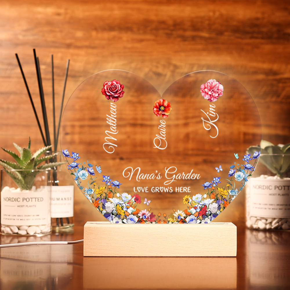 Personalized Heart LED Light – Custom 1-8 Birth Flowers & Names –  Mother’s Day Gift