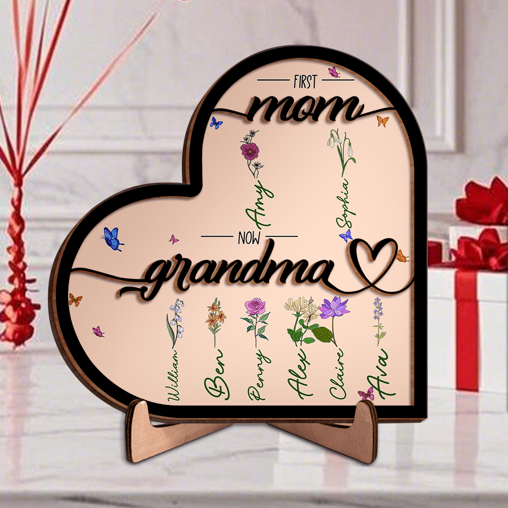 To My Mom - PersonalizedWooden Heart Keepsake Desktop Ornament "FIRST MOM NOW GRANDMA" Mothers Gifts