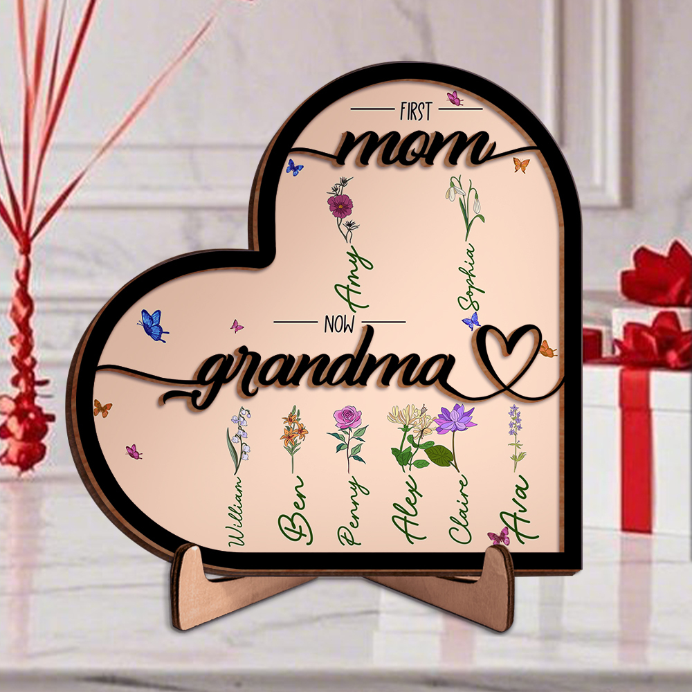To My Mom - PersonalizedWooden Heart Keepsake Desktop Ornament "FIRST MOM NOW GRANDMA" Mothers Gifts