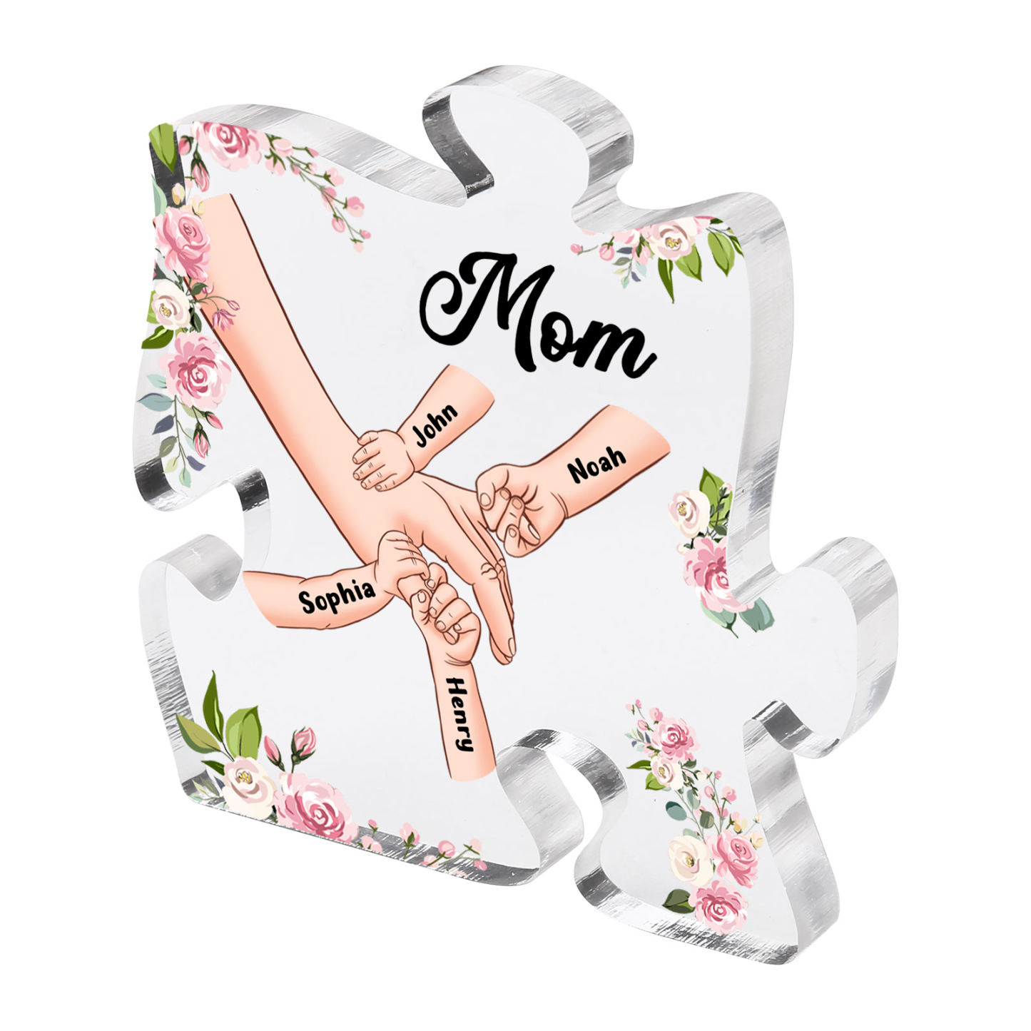 4 Name - Personalized Acrylic Heart Keepsake Customized Name Holding Hands Acrylic Plaque Ornament Mother's Day Gift for Mom