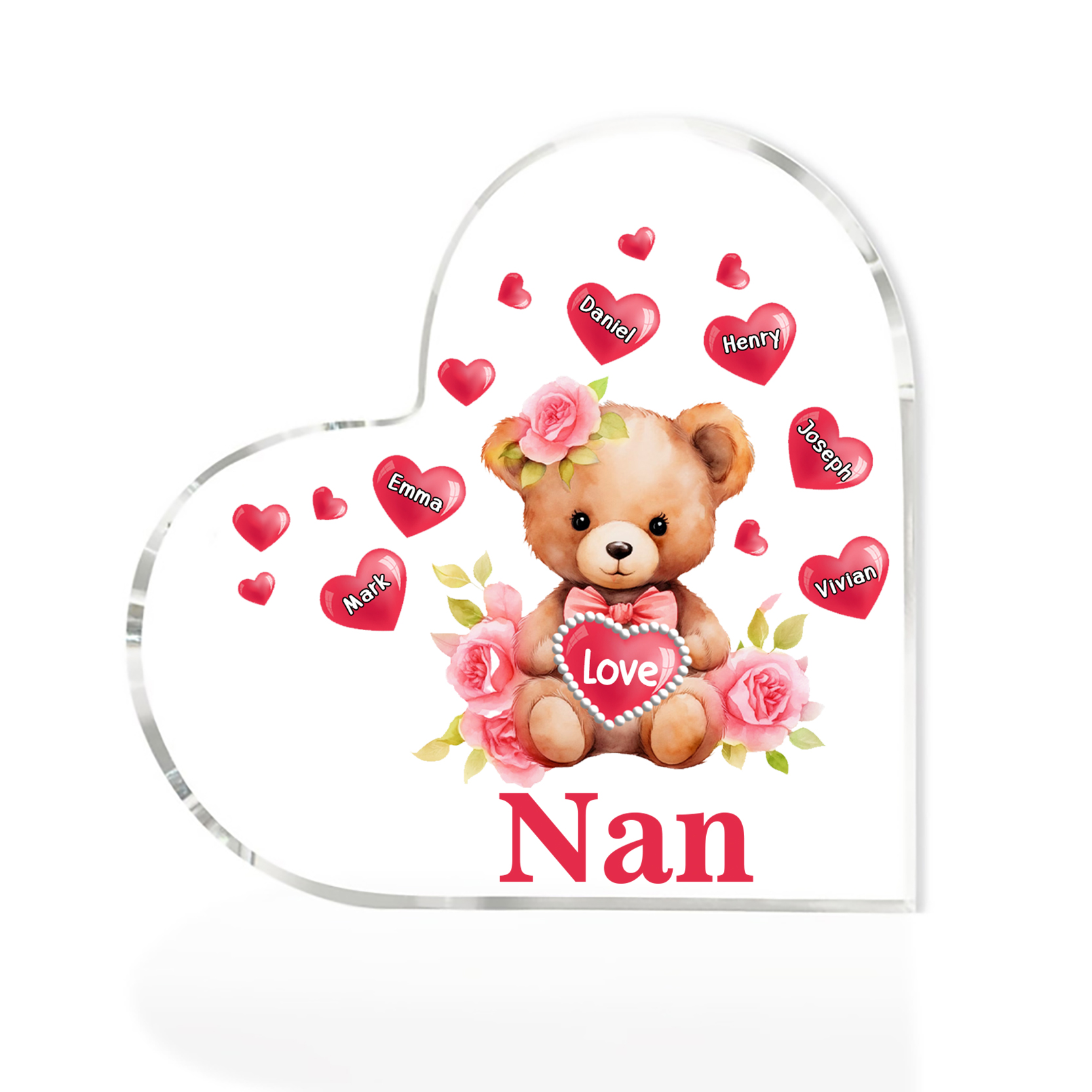 6 Names-Personalized Bear Acrylic Heart Keepsake Custom Text Acrylic Plaque Ornaments Gifts for Nan