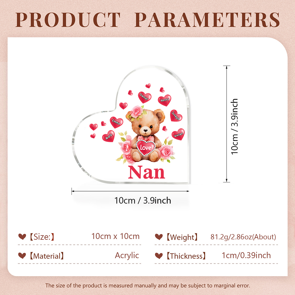 6 Names-Personalized Bear Acrylic Heart Keepsake Custom Text Acrylic Plaque Ornaments Gifts for Nan