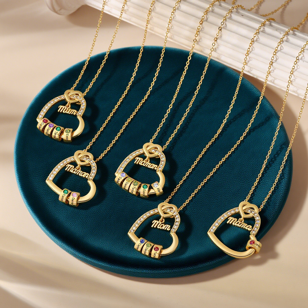 1-5 Names & Birthstone - Personalized Mother’s Day Necklace with Name, Title & Birthstone - Heart Pendant for Mom, Grandma