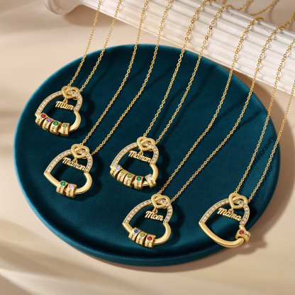 1-5 Names & Birthstone - Personalized Mother’s Day Necklace with Name, Title & Birthstone - Heart Pendant for Mom, Grandma