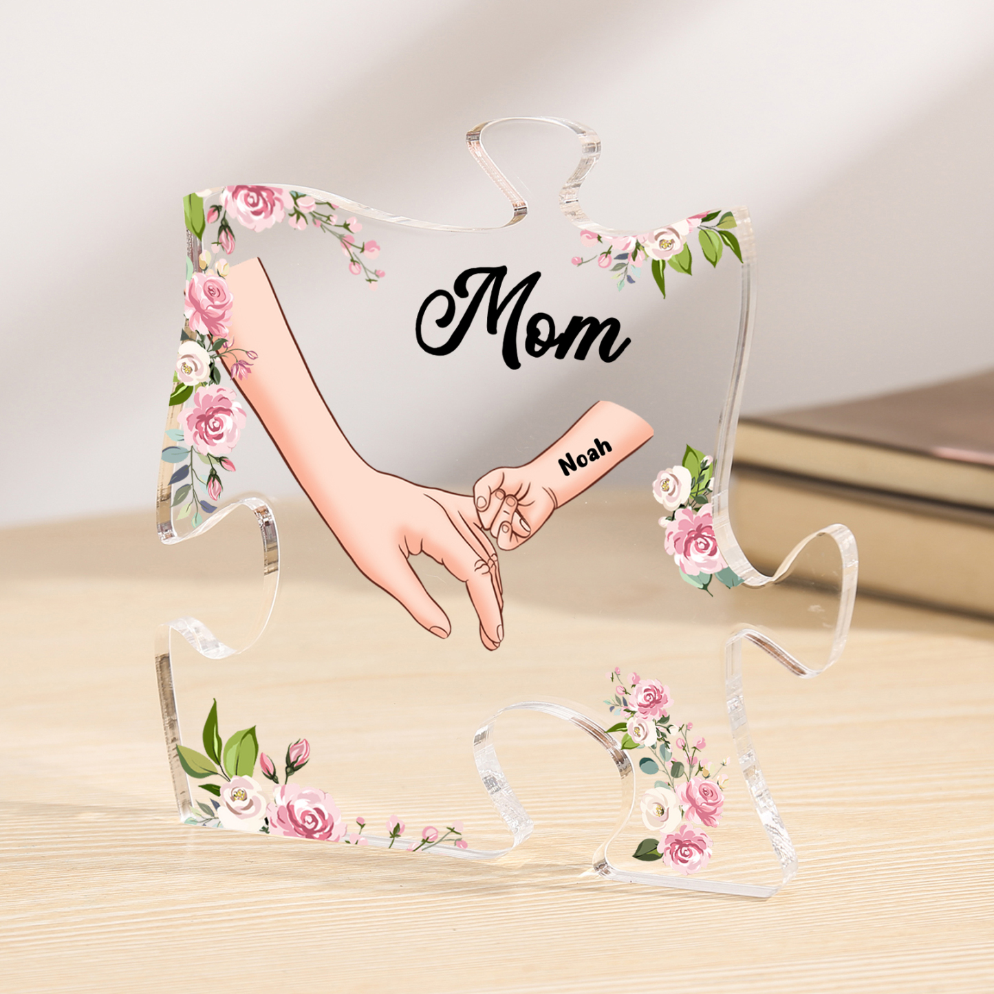 1 Name - Personalized Acrylic Heart Keepsake Customized Name Holding Hands Acrylic Plaque Ornament Mother's Day Gift for Mom