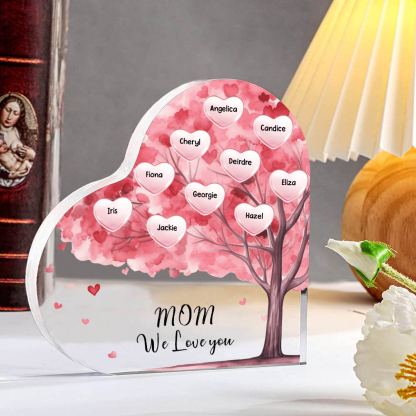 Personalized Heart Shaped Acrylic Plaque Family Tree Gift for Mom - with 1-10 names