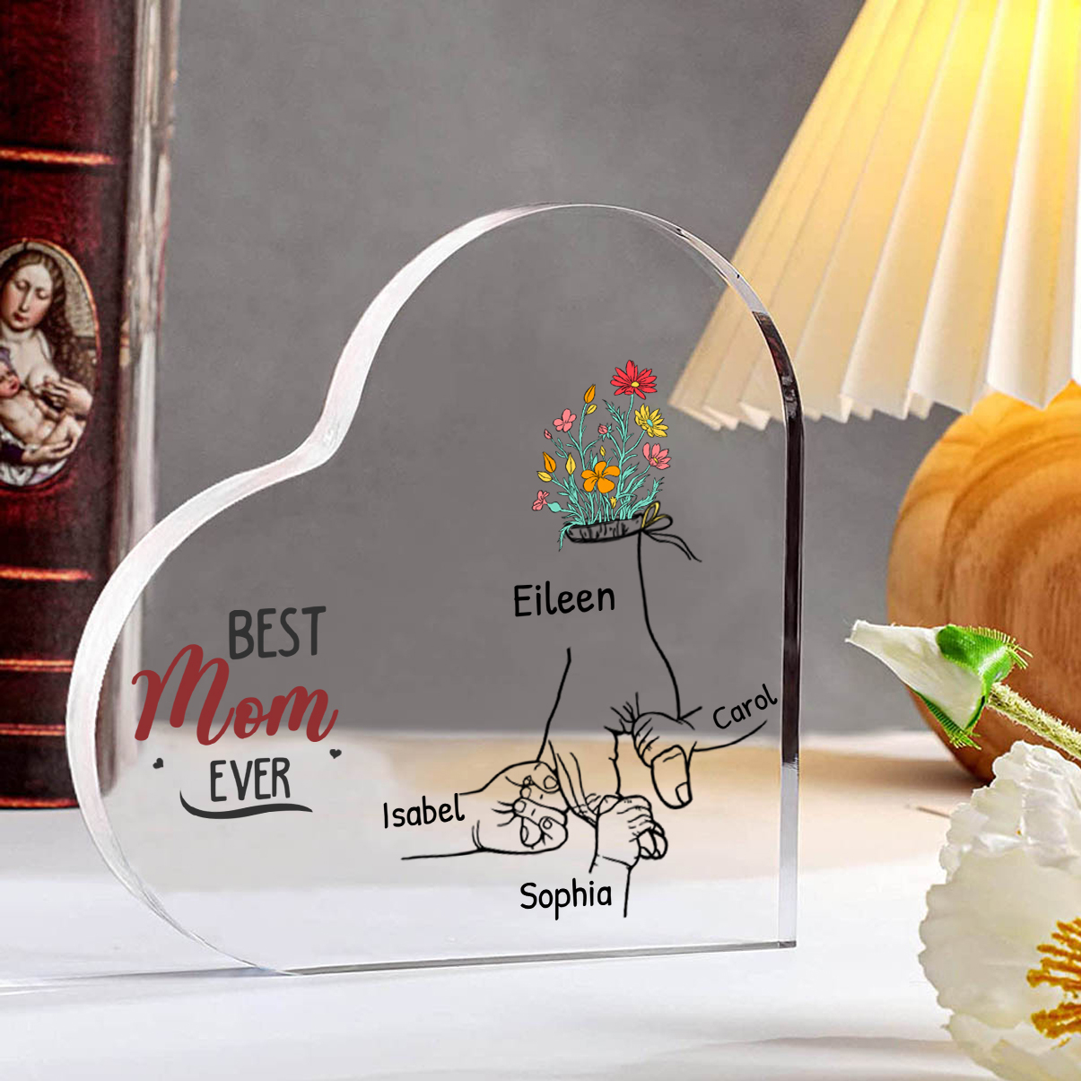 Personalized Heart Shaped Acrylic Plaque Family Tree Gift for Mom - with 1-12 names & 2 text & 2 colors