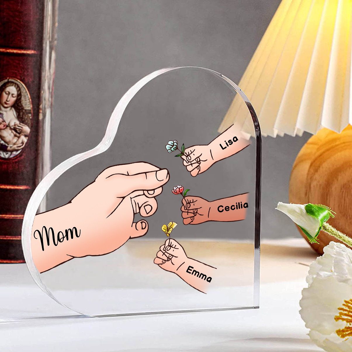 Personalized Heart Shaped Acrylic Plaque Family Tree  - with 1-7 names & flowers - Gift for Mom