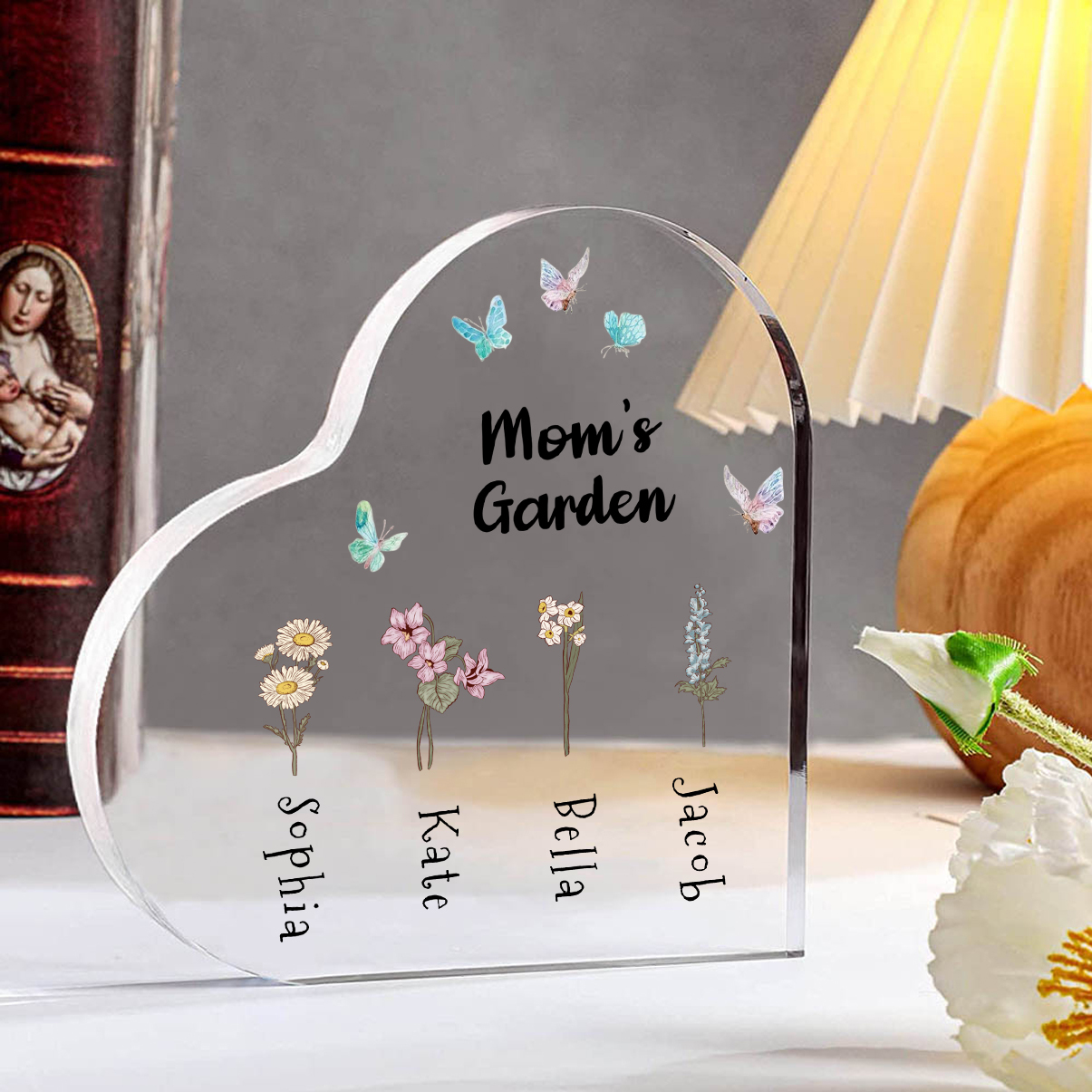 Personalized Heart Shaped Acrylic Plaque - with 1-10 names & birthflowers - Gift for Mom