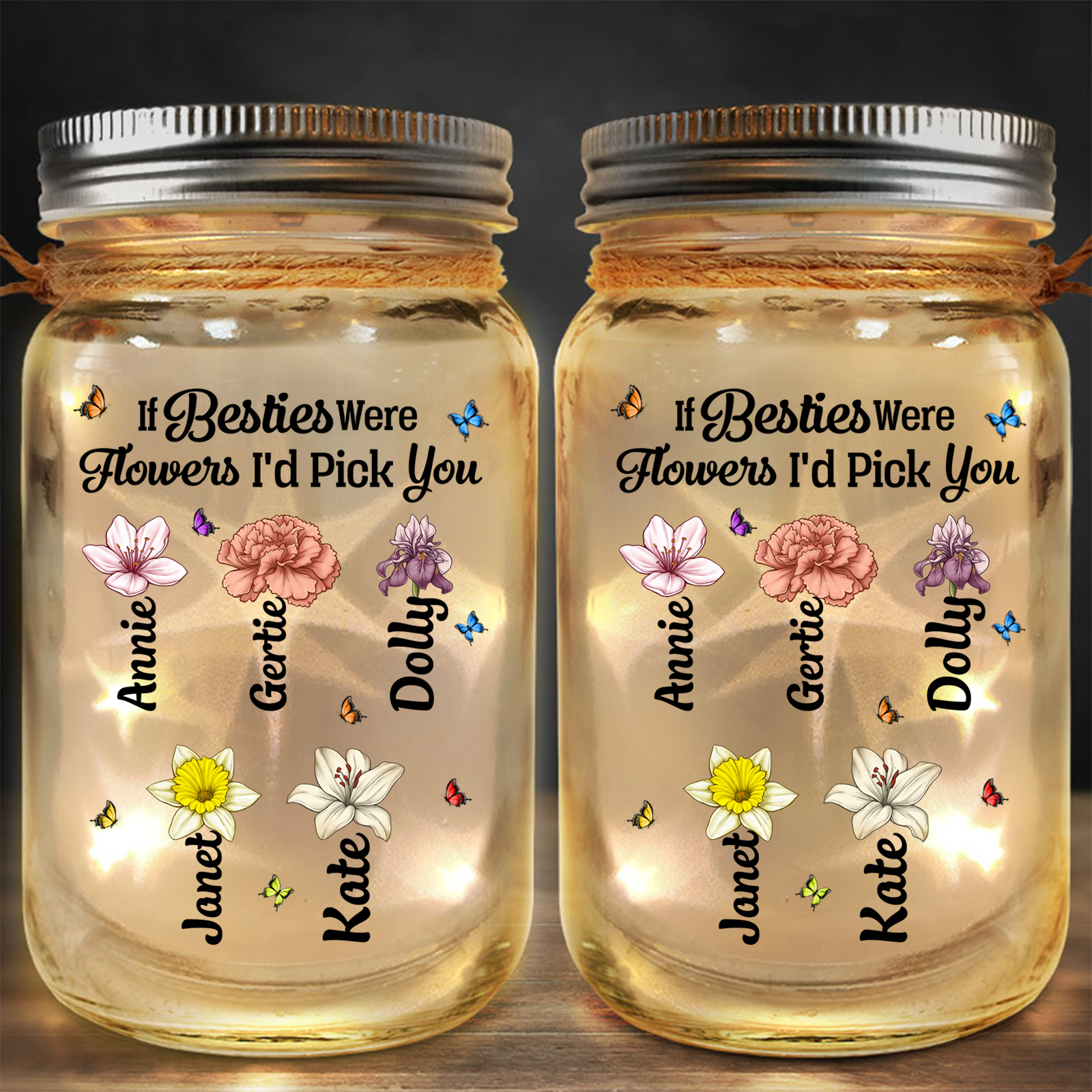 Personalised Mason Jar Light with Custom Birth Flowers & Names – Christmas Gift for Best Friends | Jessmade