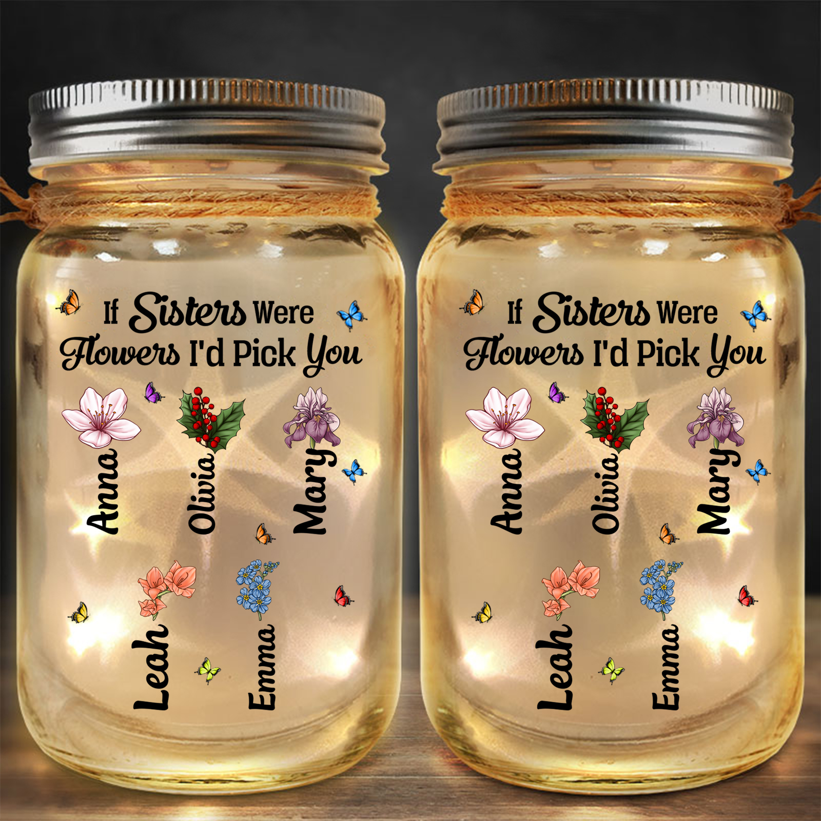 Personalised Mason Jar Light with Custom Birth Flowers & Names – Christmas Gift for Best Friends | Jessmade