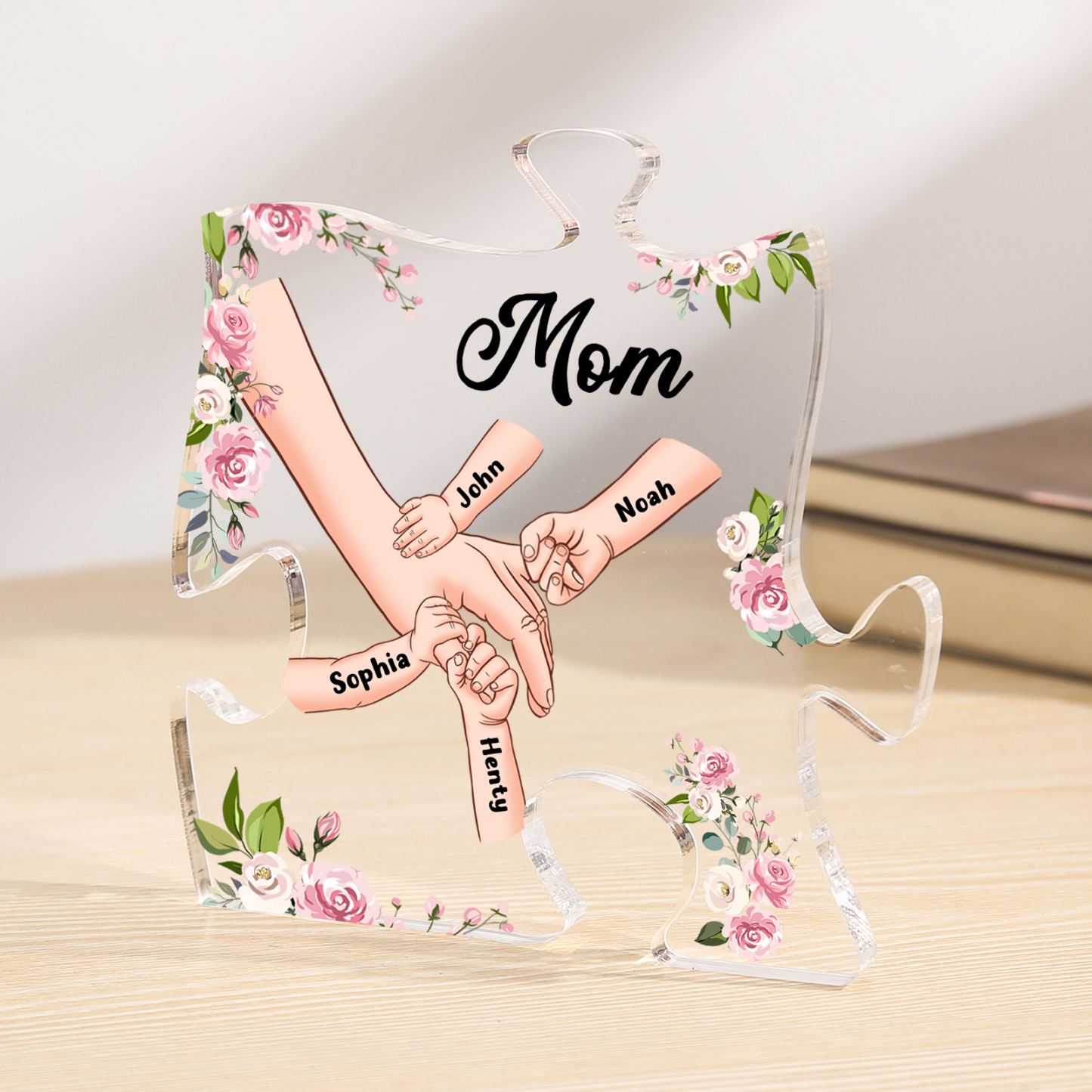 4 Name - Personalized Acrylic Heart Keepsake Customized Name Holding Hands Acrylic Plaque Ornament Mother's Day Gift for Mom