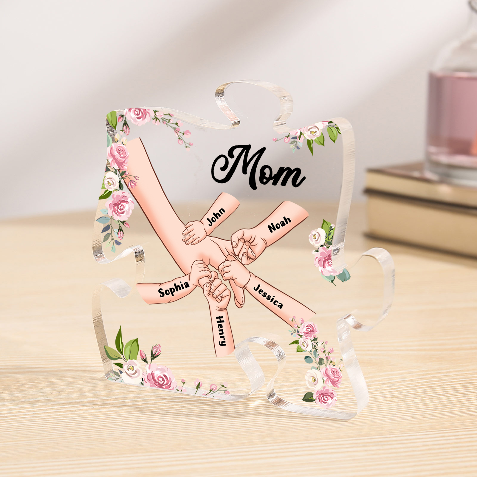 5 Name - Personalized Acrylic Heart Keepsake Customized Name Holding Hands Acrylic Plaque Ornament Mother's Day Gift for Mom