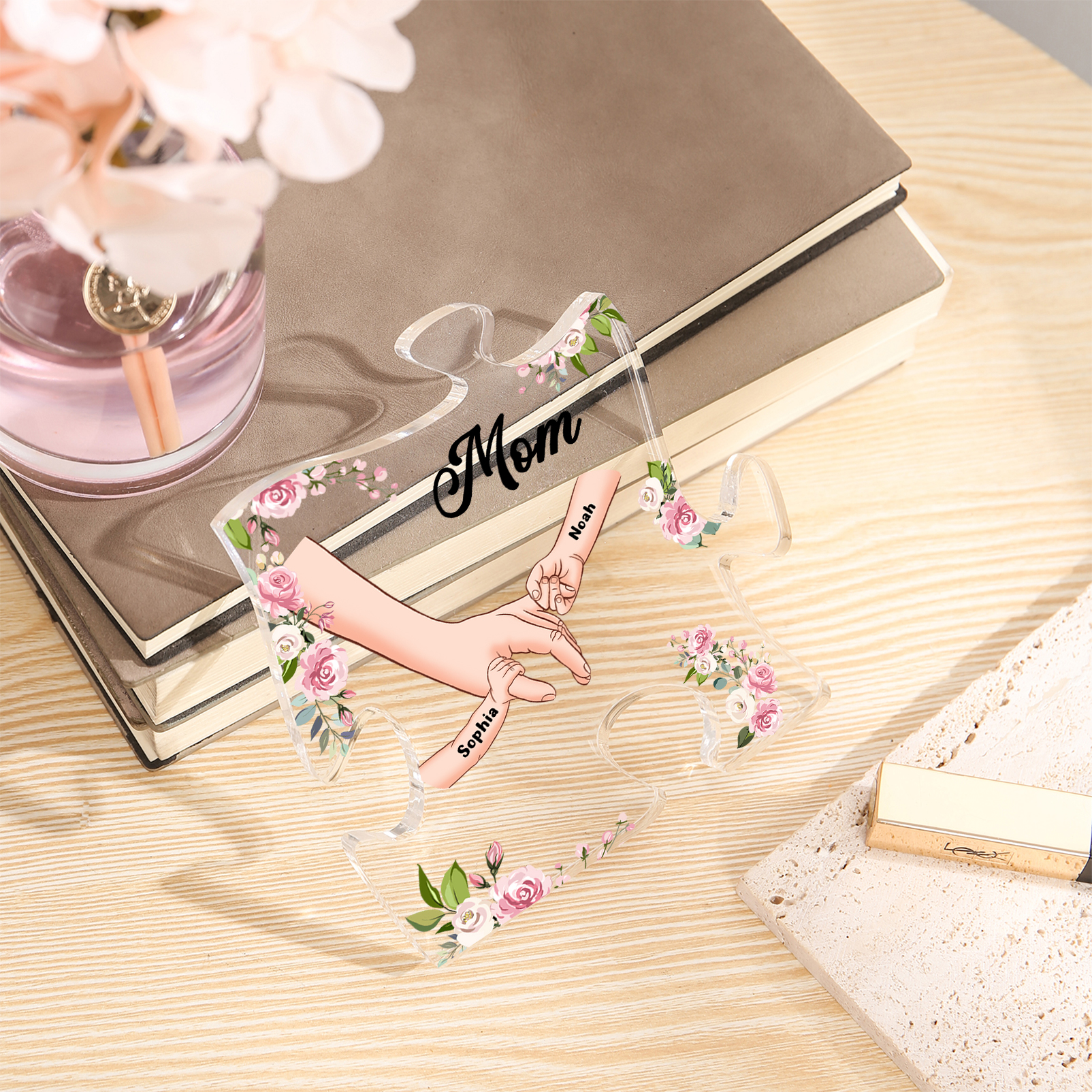 2 Name - Personalized Acrylic Heart Keepsake Customized Name Holding Hands Acrylic Plaque Ornament Mother's Day Gift for Mom