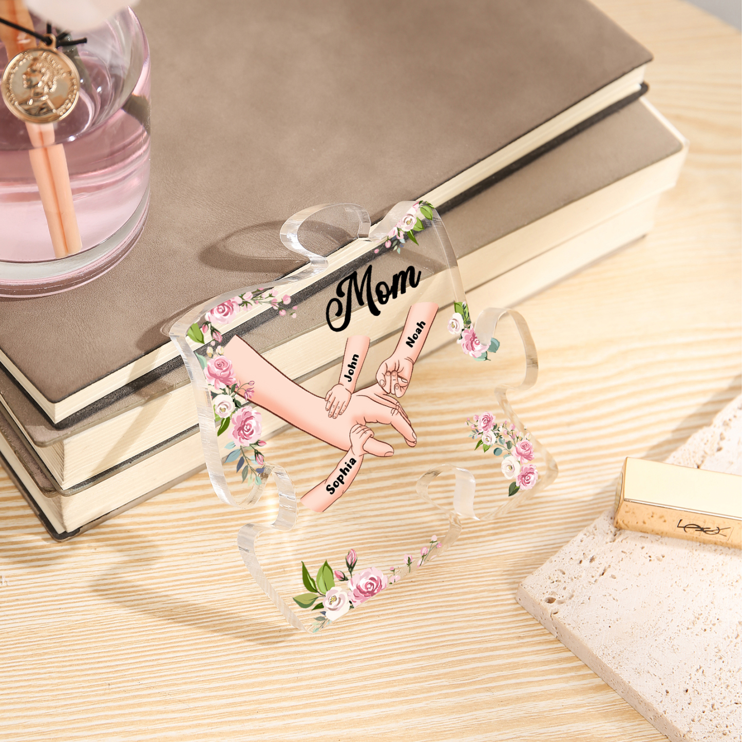 3 Name - Personalized Acrylic Heart Keepsake Customized Name Holding Hands Acrylic Plaque Ornament Mother's Day Gift for Mom