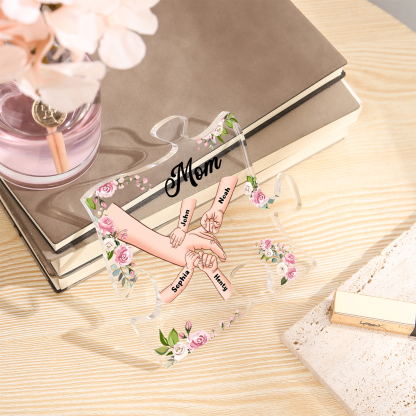 4 Name - Personalized Acrylic Heart Keepsake Customized Name Holding Hands Acrylic Plaque Ornament Mother's Day Gift for Mom